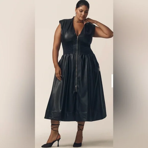 Anthropologie Tommie Cap-Sleeve Smocked Front-Zip Shirt Dress: Faux-Leat… - Picture 1 of 13